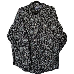 Men's PANHANDLE SLIM Black & White Paisley Long Sleeve Pearl Snap Shirt (L)